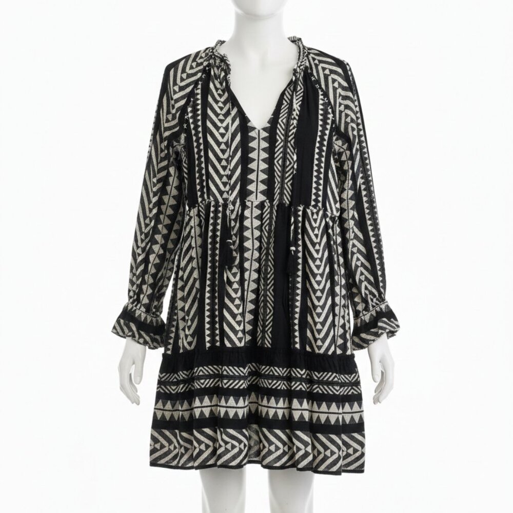 Maeve by Anthropologie Black & White Geo Tasseled Dress